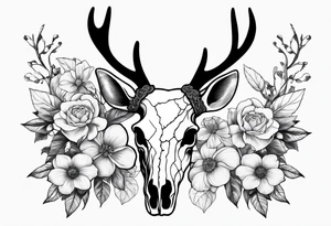 Reindeer skull and flower on horns tattoo idea