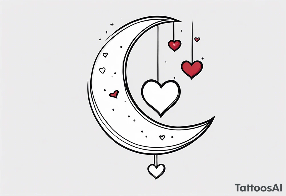 Crescent moon with a love heart inside it and 4 hearts dangling from it tattoo idea