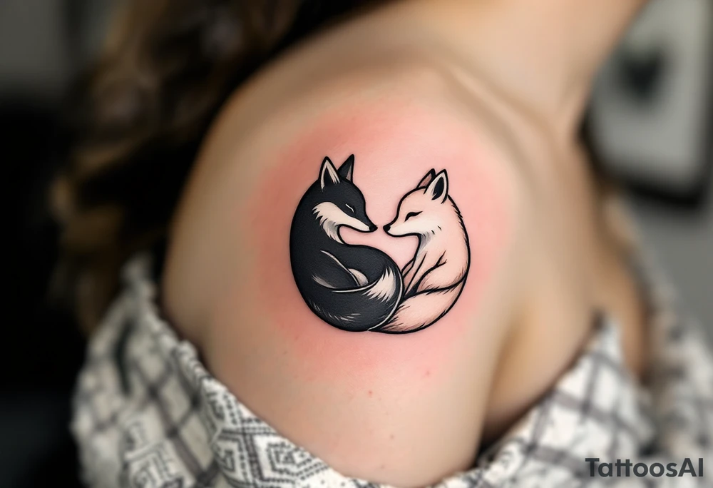 A black and white yin-yang formed by curled foxes on both partners shoulder. tattoo idea