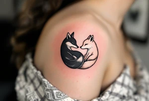 A black and white yin-yang formed by curled foxes on both partners shoulder. tattoo idea