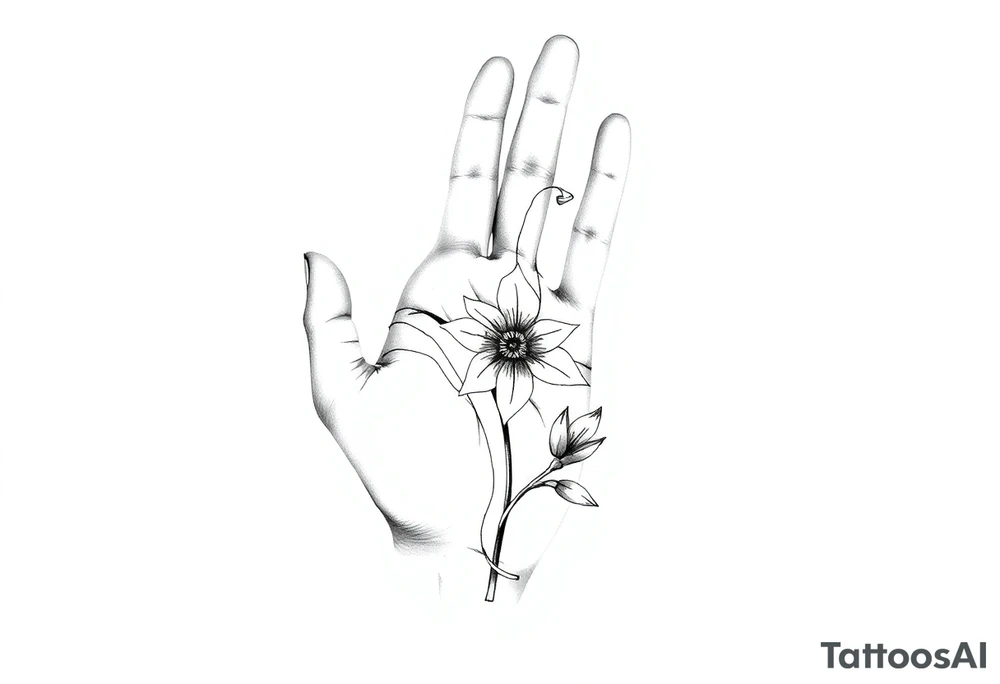 Baby hand print, Freya, 25.07.2024, larkspur flower tattoo idea