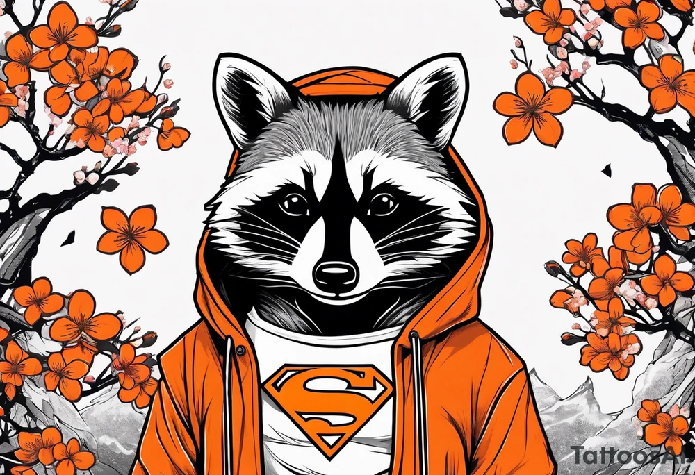 Raccoon wearing a white Superman logo on a black hoodie and orange Japanese cherry blossoms beside tattoo idea