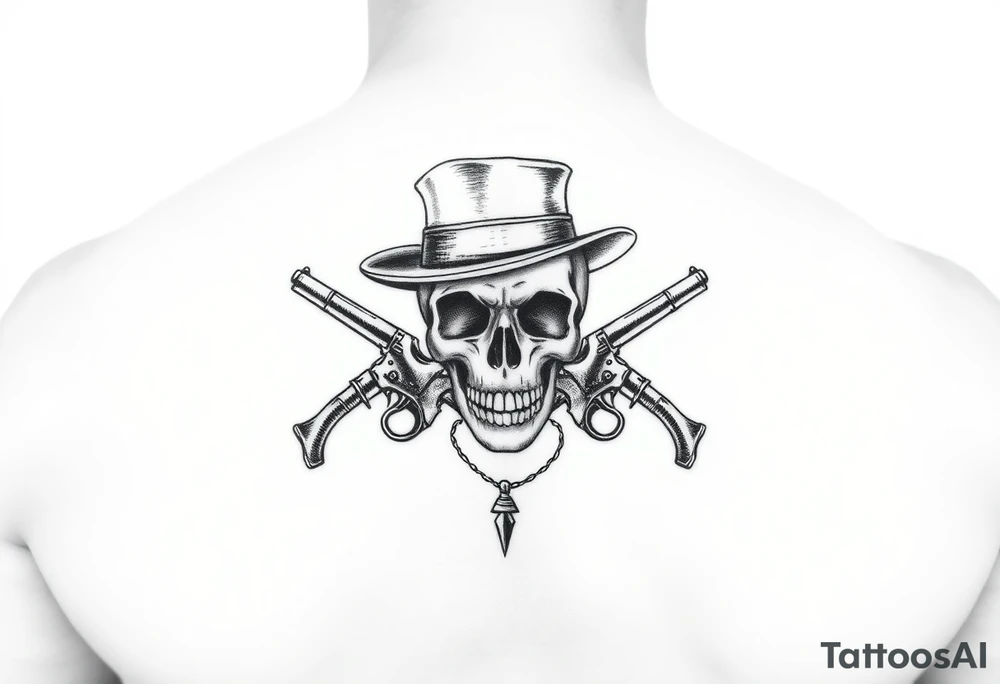 voodoo skull, top hat, dead man card had six guns tattoo idea