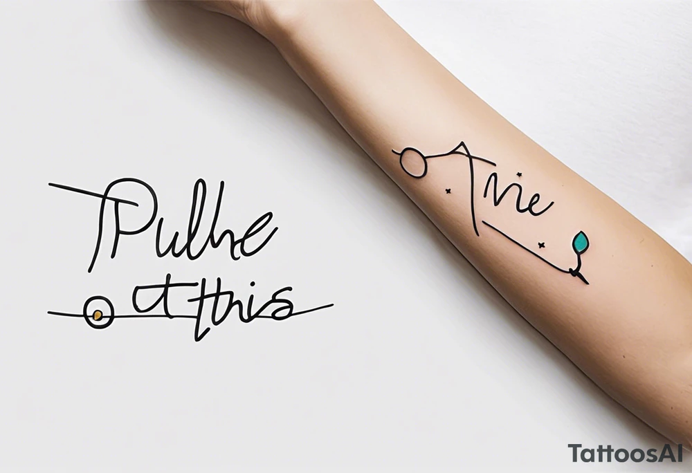 A one line horizontal fine line quote tattoo that says “pull me out of this” tattoo idea