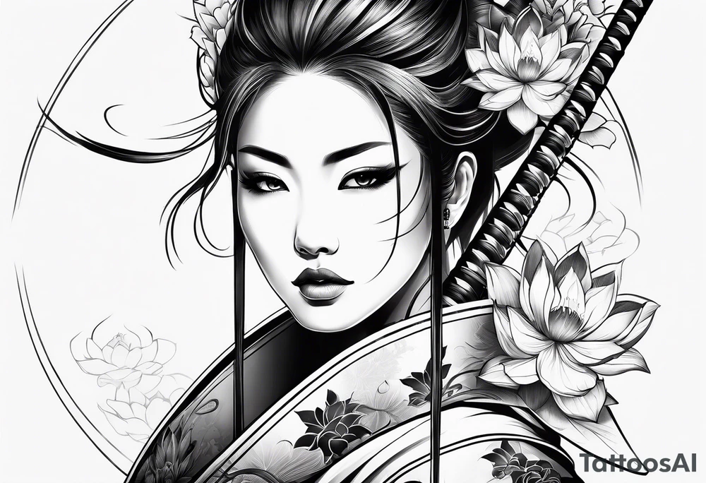 Japanese woman samurai swords lotus flowers neotribal tattoo idea