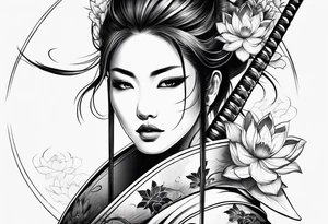 Japanese woman samurai swords lotus flowers neotribal tattoo idea