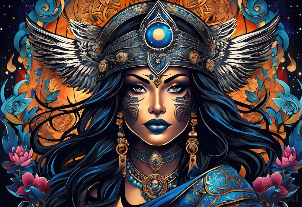 black kali, goddess pirate, alien, angel, pachamama, valkrye, warrior, flying, skull, lotus azul, wing, eagle, zenza resonance, stars, 5D, anahata chakra, death, durga, riding on a tiger, flying lady tattoo idea