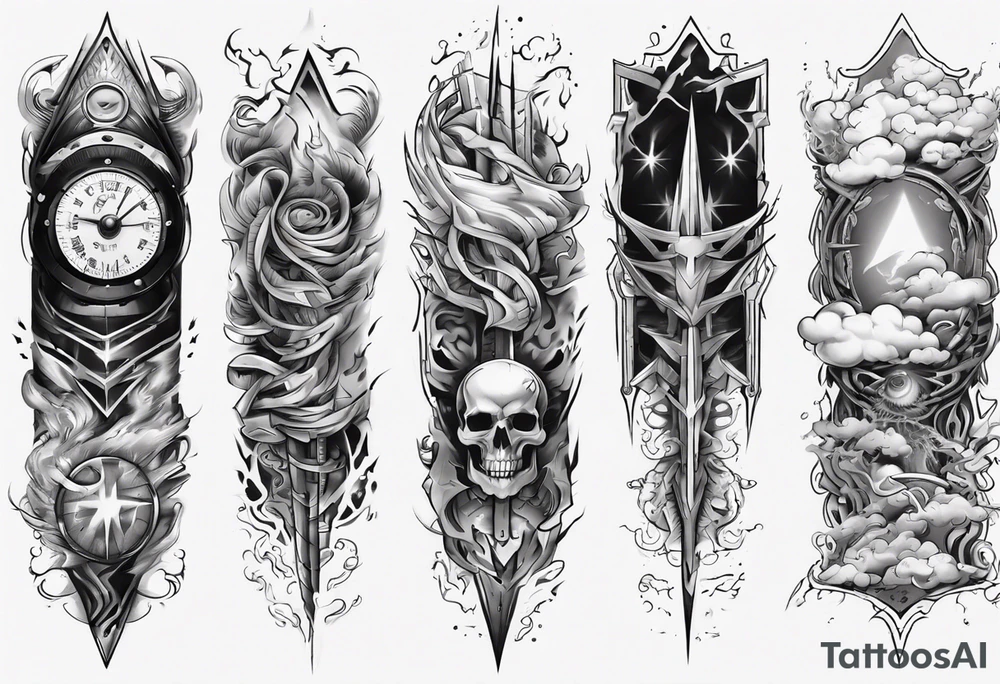 forearm sleeve lightning and clouds pattern tattoo idea