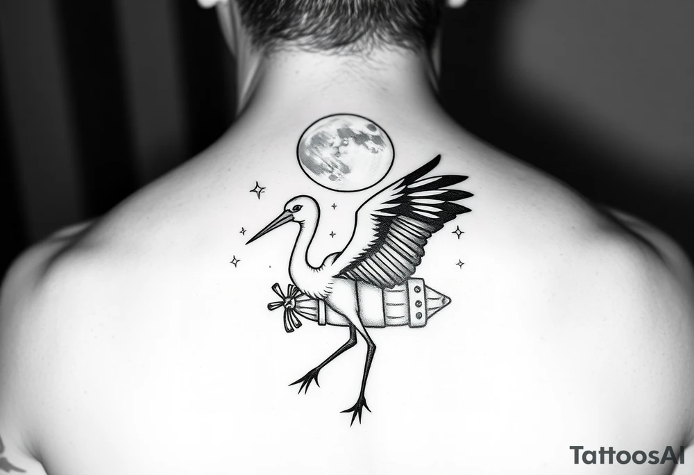 Stork carry bundle towards moon, stars tattoo idea