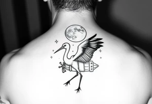 Stork carry bundle towards moon, stars tattoo idea