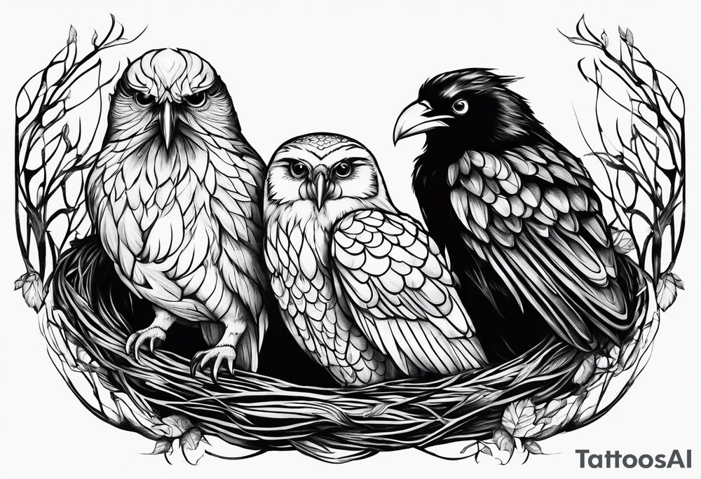 Pheonix, owl and raven cuddled in a nest tattoo idea