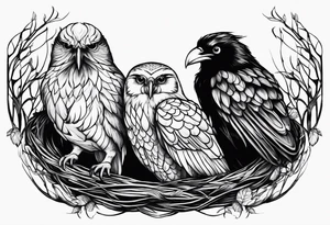 Pheonix, owl and raven cuddled in a nest tattoo idea
