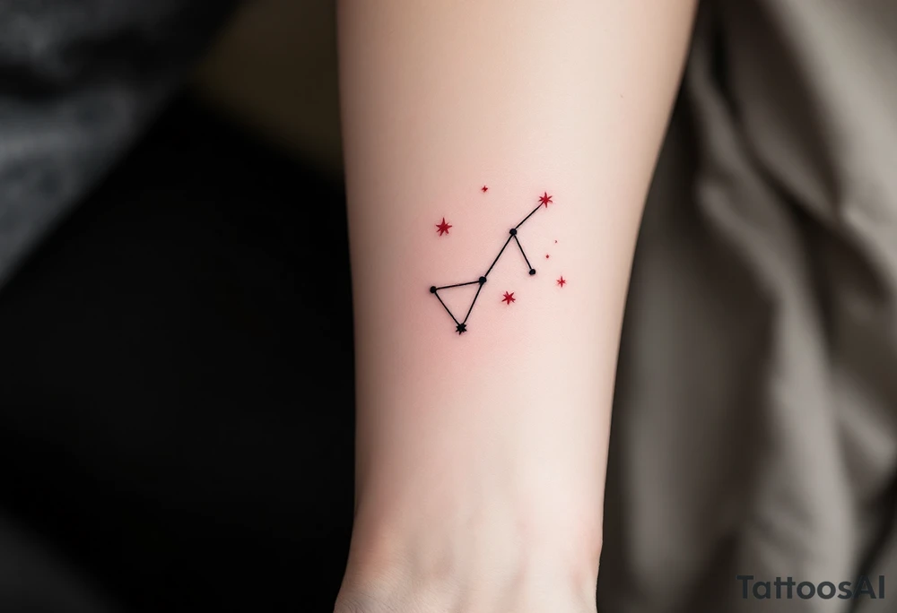 A bold Virgo sign in crimson red centers the arm with delicate white stars orbiting in constellation form. tattoo idea