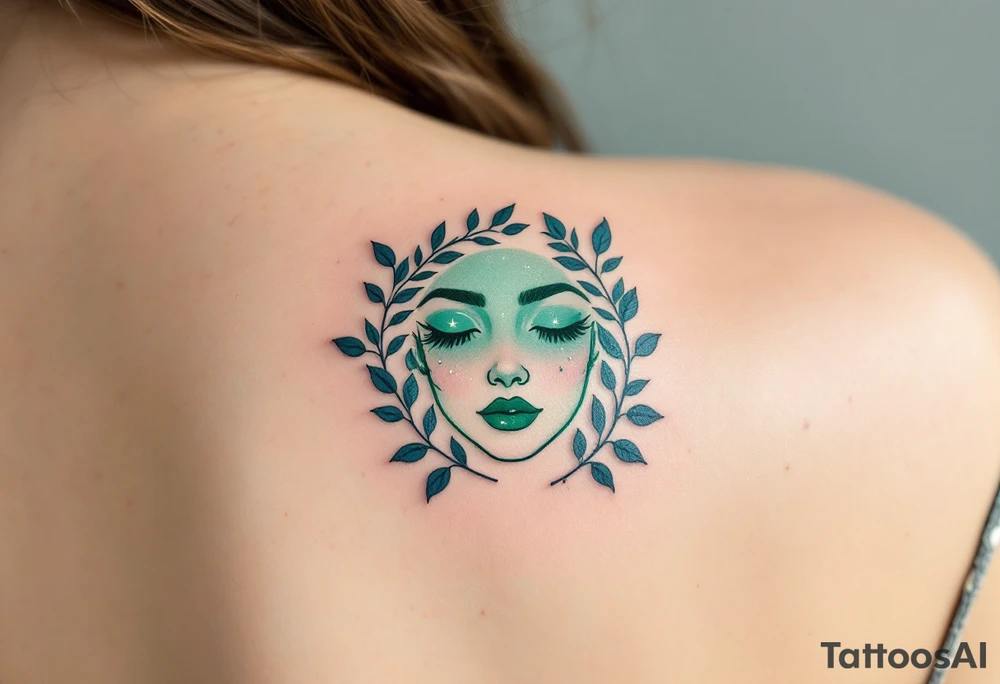 A Virgo constellation in deep emerald green overlays a serene face framed by cornflower-blue laurel leaves. tattoo idea