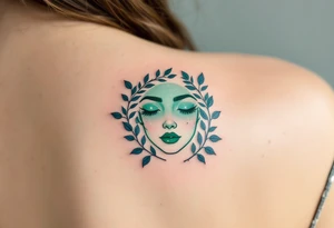 A Virgo constellation in deep emerald green overlays a serene face framed by cornflower-blue laurel leaves. tattoo idea
