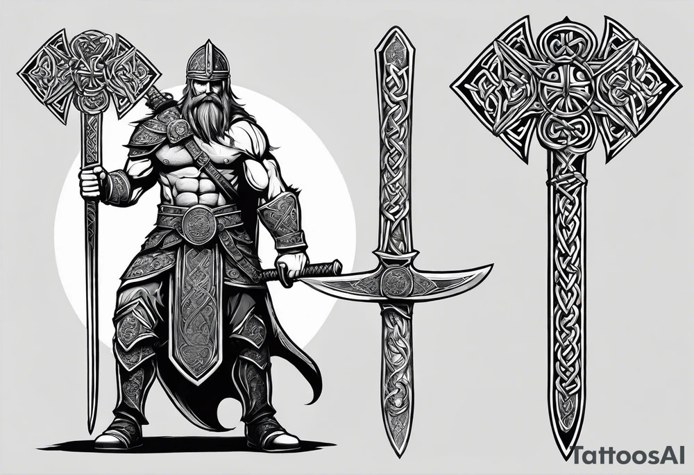 Side full body shot of Celtic warrior with sword and axe. tattoo idea
