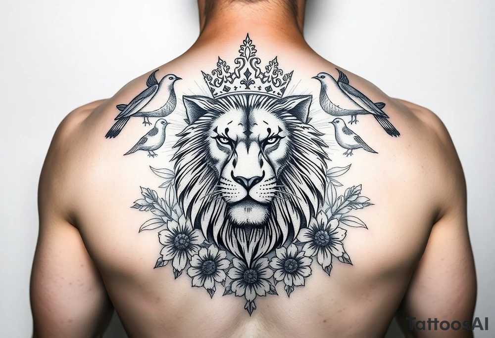 powerful majestic lion with a crown, surrounded by floral ornaments and birds tattoo idea