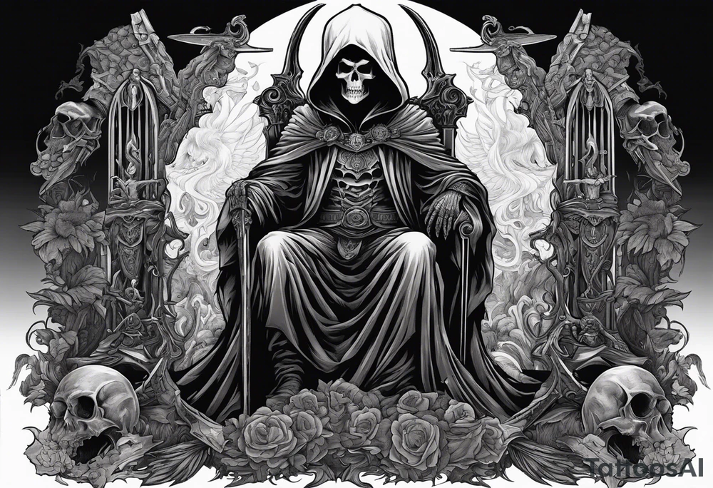The grim reaper on a large throne of bones .

Holding a giant scythe in one hand and desert eagle in the other .

Next to the throne is a cerebus

Powerful demon commander faces a powerful angel commander in the centre of the tattoo idea