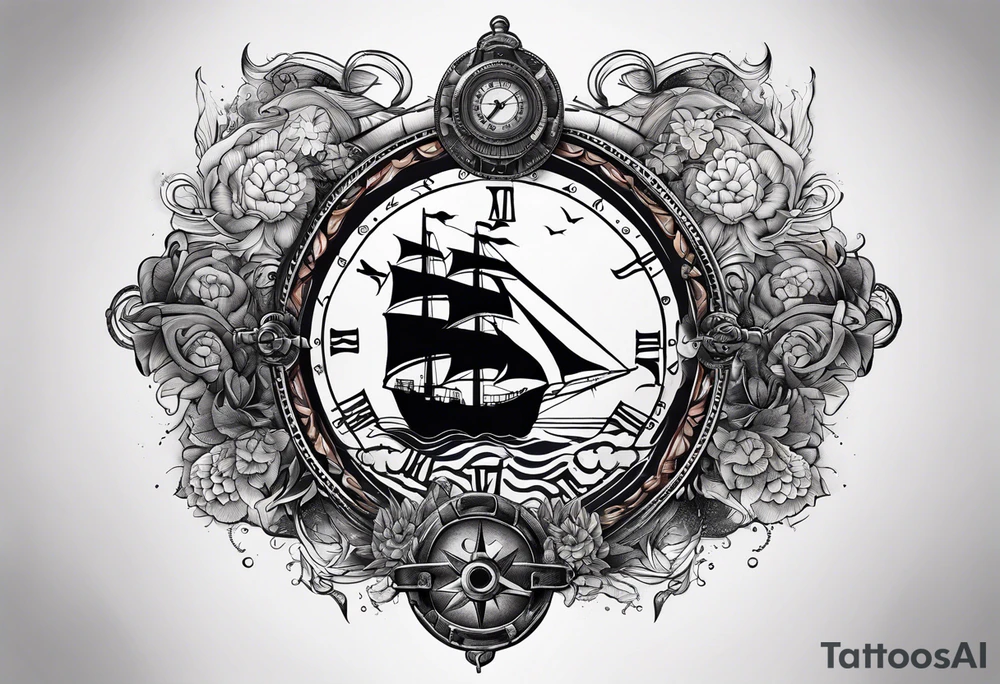 Combined tattoo with various nautical elements like anchor, compass and other nautical and ship elements tattoo idea