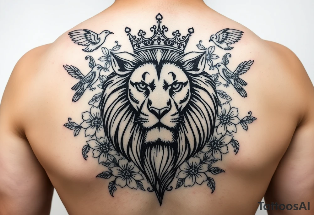 powerful majestic lion with a crown, surrounded by floral ornaments and birds tattoo idea