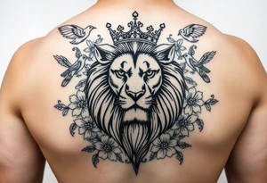 powerful majestic lion with a crown, surrounded by floral ornaments and birds tattoo idea