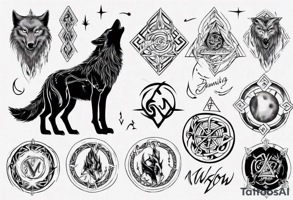 Wolf  howling with Norse symbols, a bit of Māori tattooing and my nanas name joy tattoo idea