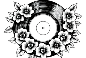 vinyl record surrounded by flowers tattoo idea