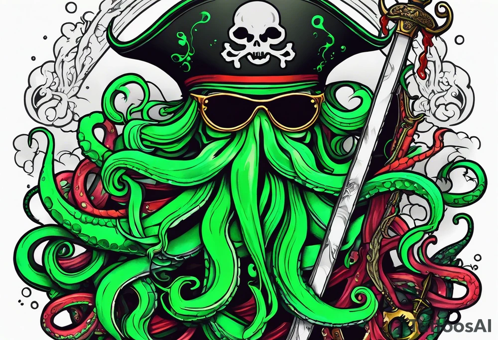 green pirate squid with tentacles holding very bloody sword and anchor in tentacles, black hat, beard tattoo idea