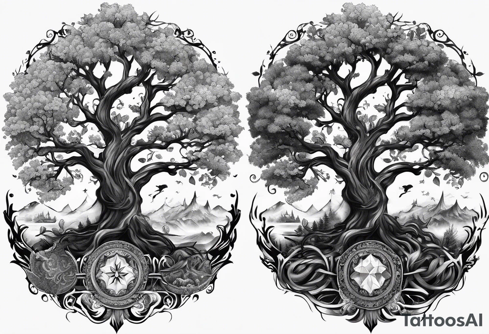 Yggdrasil with 9 realm illustrated tattoo idea