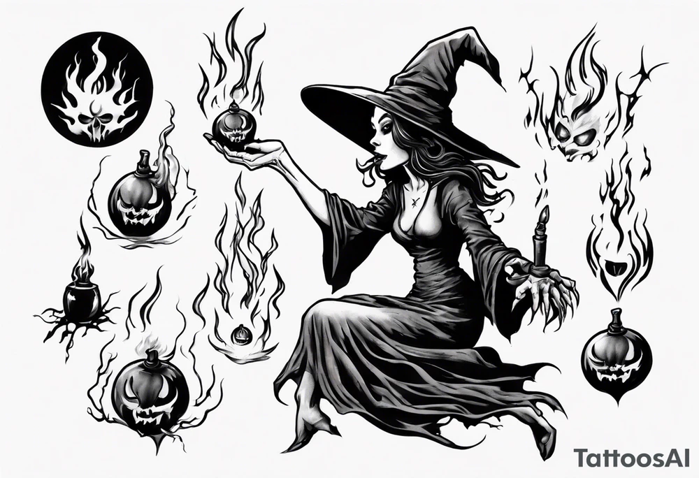 a witch casting a fireball tattoo idea