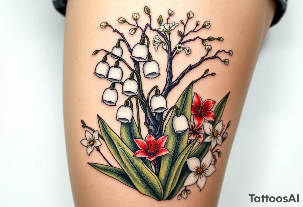 White lily in the valley bells with other different colored lilies surrounding underneath a blooming hawthorn tree tattoo idea