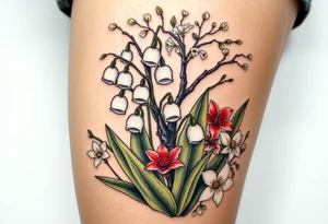 White lily in the valley bells with other different colored lilies surrounding underneath a blooming hawthorn tree tattoo idea