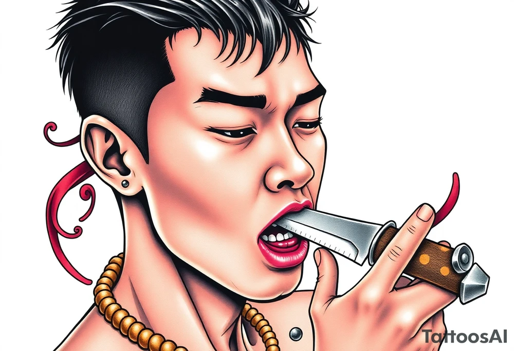 Handsome Asian young guy is licking a ritual knife tattoo idea