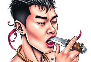 Handsome Asian young guy is licking a ritual knife tattoo idea