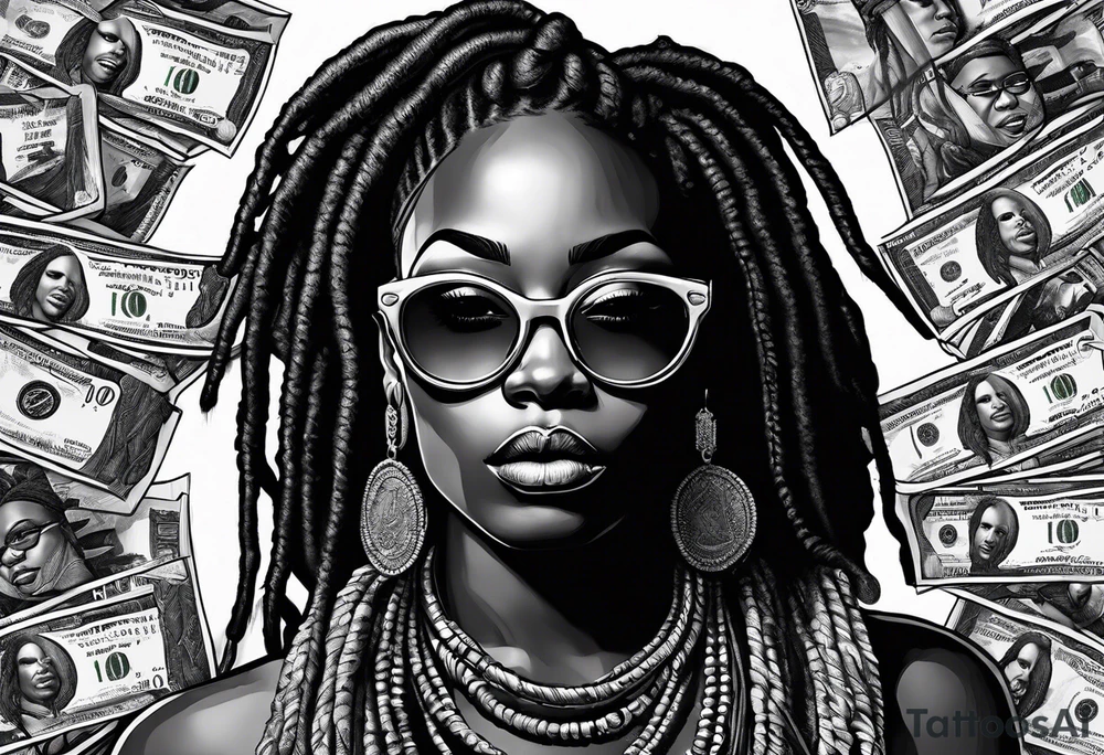 african woamn with dread locks and un glasses biting money tattoo idea