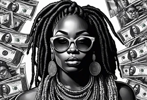 african woamn with dread locks and un glasses biting money tattoo idea