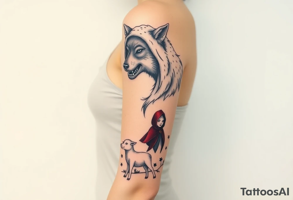 Big bad wolf nursery rhyme wearing a sheep costume with sheep head as hood and eat the three little pigs and little red riding hood in the woods tattoo idea