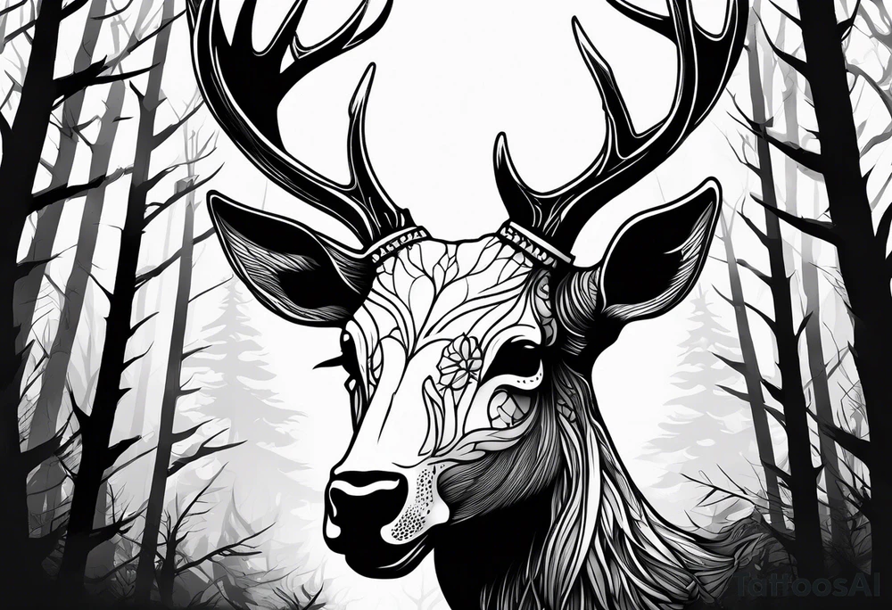 A frightening horror dead deer skull side profile surrounded by a forest fire in background tattoo idea