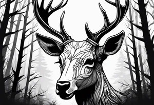 A frightening horror dead deer skull side profile surrounded by a forest fire in background tattoo idea