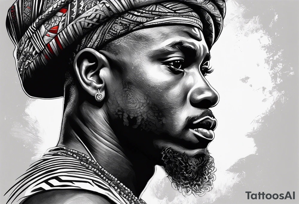 homem divindade africano realista em preto e cinza com os olhos brancos e fundo com tons de vermelho tattoo idea