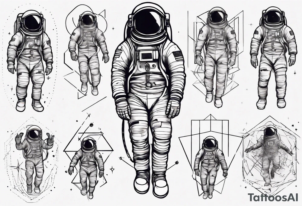 Astronaut floating around geometric lines and shapes tattoo idea