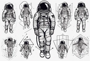 Astronaut floating around geometric lines and shapes tattoo idea