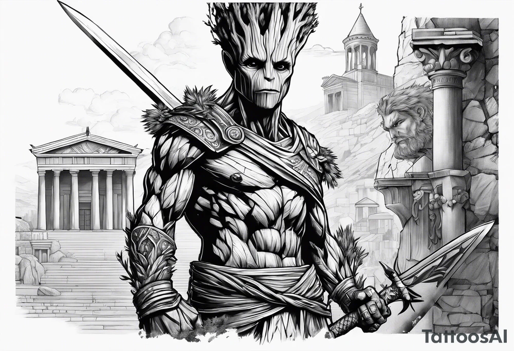 Groot greek warrior, half viewed with sword, knight, buildings are behind tattoo idea