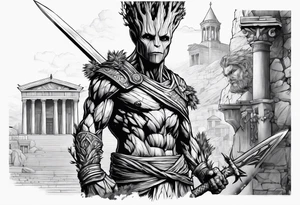 Groot greek warrior, half viewed with sword, knight, buildings are behind tattoo idea