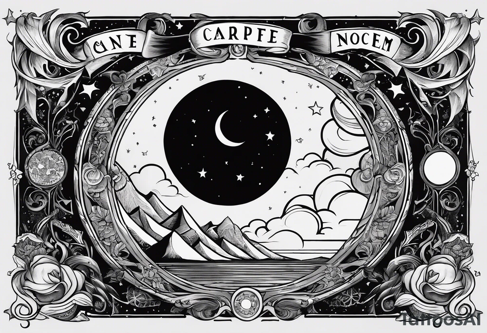 each phase of the moon in order under the moth, and the words "carpe noctem" above it in sans serif font tattoo idea