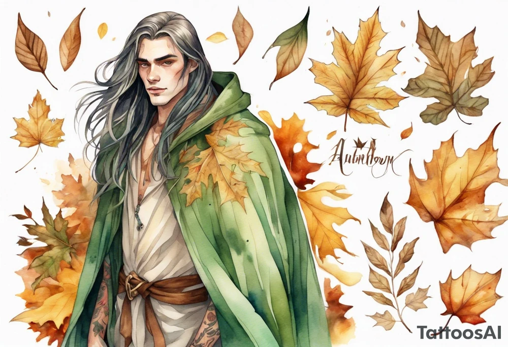 A young handsome man with pale green skin with long hair wearing a gold cloak surrounded by autumn leaves tattoo idea