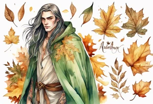 A young handsome man with pale green skin with long hair wearing a gold cloak surrounded by autumn leaves tattoo idea