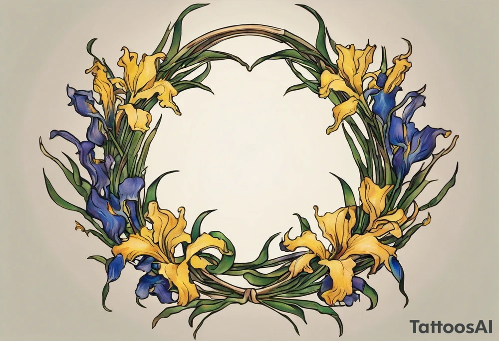 Create a colorful Vincent van Gogh Irises tattoo with Athena's shield and spear. The tattoo should take the form of a crescent, with vines gracefully intertwining at a central point in the middle of the wreath.  The intended placement is on the upper chest. The overall design should be small in size while maintaining a delicate and artistic aesthetic. Pay attention to the graceful flow of the vines and the placement of the irises to achieve a refined and elegant look. tattoo idea
