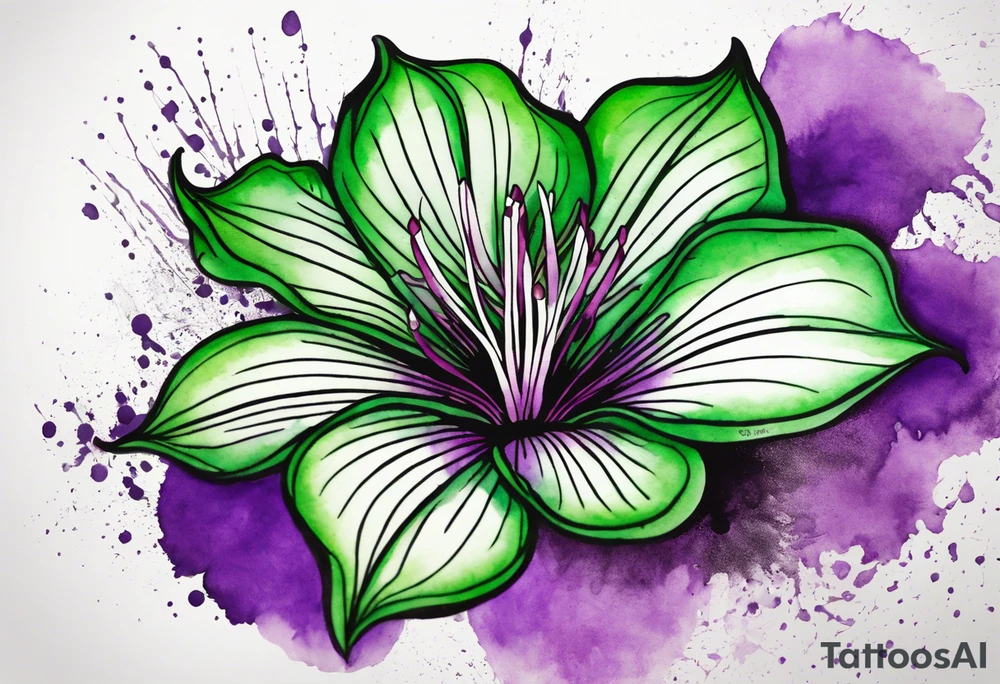 An outline of a green and purple rio dipladenia flower with a mystical green/purple watercolor splash in the background tattoo idea