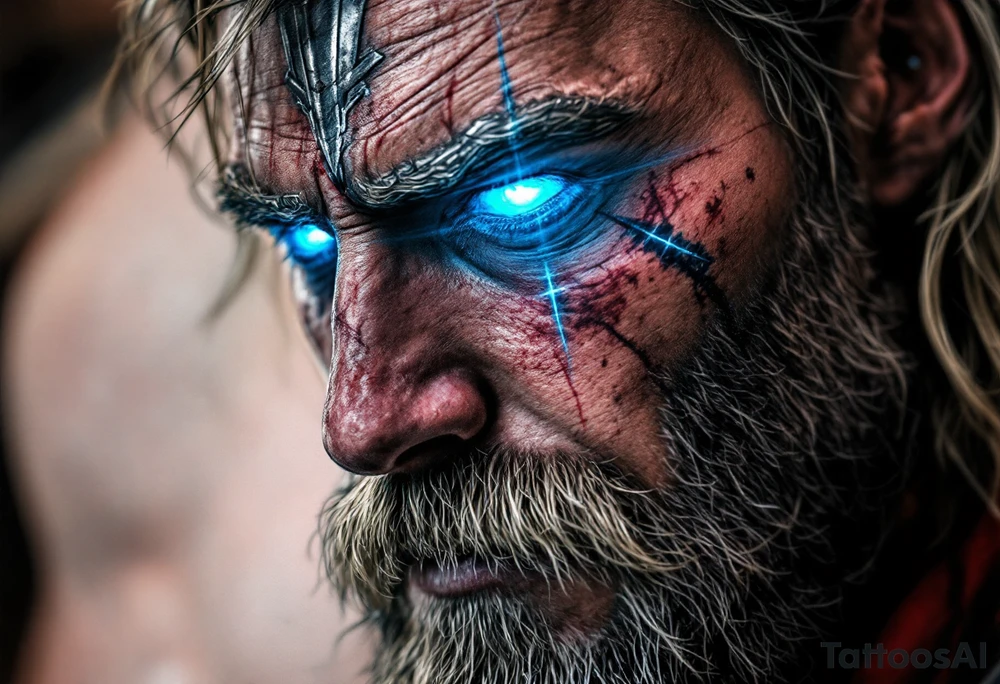 A close-up of Thor’s face from Endgame, with battle scars, glowing blue eyes, and Stormbreaker raised, in hyper-realistic shades of blue, silver, and deep red. tattoo idea